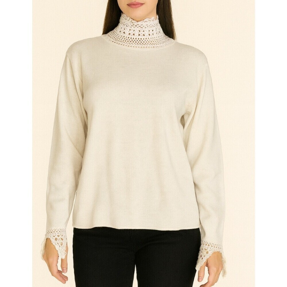 Soft Surroundings Crochet Turtle Neck Sweater Top Wool Blend cream color SZ SM